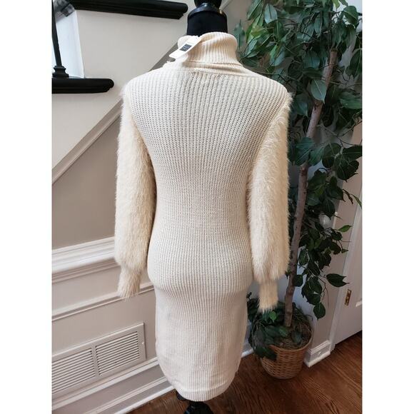 Bump Biddy Sweater Dress Maternity Beige Ribbed Puffy Fur Sleeve Turtleneck LG - Picture 4 of 14